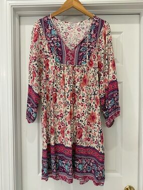 Temofon Floral Boho V-Neck Dress Tunic in Cream, Pink & Purple